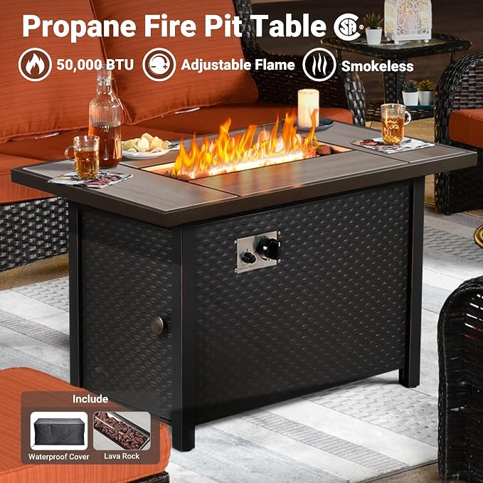 ovios 7 Pieces Patio Furniture Set with 42 inch Fire Pit Table, Outdoor Wicker Sofa Couch Swivel Rocking Glider Chairs, Modern Luxury Conversation Set, Brown Wicker, Orange Red
