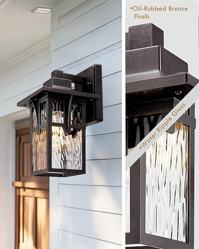 Outdoor Wall Light Fixture, HWH 12.4 Inch Outdoor Light for House with Water Ripple Glass, Exterior Lighting Fixture in Oil-Rubbed Bronze Finish, 5HX62B ORB SW