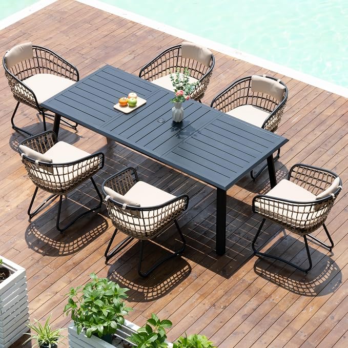 Pellebant 7-piece Outdoor Dining Set for 6 Person - Weather-Resistant Patio Dining Furniture Set, 83" Aluminum Outdoor Table with Umbrella Hole, Wicker Chair with Cushion for Deck, Porch, Backyard