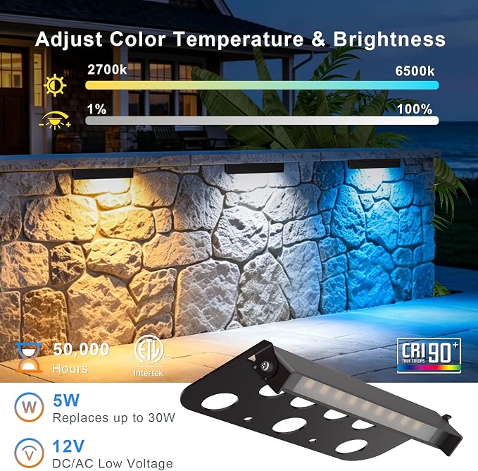 8 Pack 7 Inch RGBCW Retaining Wall Lights, Smart APP/Remote Control | 2700K-6500K RGB Color Changing LED Hardscape Lighting, 5W 500LM 12V AC/DC Low Voltage Outdoor Landscape Light for Step, ETL