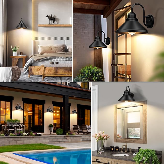 Gooseneck Outdoor Wall Sconces, 2-Pack Large 10.23IN Farmhouse Barn Lights for Porch, Industrial Black Exterior Wall Lights for Garage, Patio, E26 Base Anti-Rust, Bulb not Included
