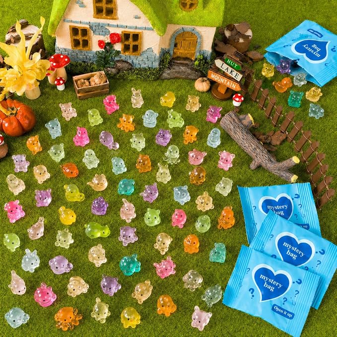 60Pcs Glow in The Dark Mini Resin Animals Mystery Bags,Individually Wrapped Blind Bag Resin Animals,Tiny Animal Figurines for Fairy Garden,Terrarium Decor,Party Favors,DIY Crafts