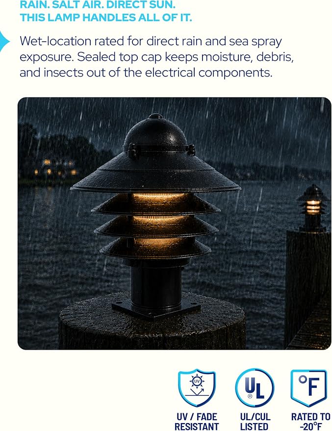 Nautical Pier Mount Outdoor Lighting - Salt-Air Tough Rust-Proof Non-Metallic Coastal Lamps - UL Listed Dock Lights - Patio Fence Deck Porch Lights Outdoor - USA Made, Short, Basic, Black