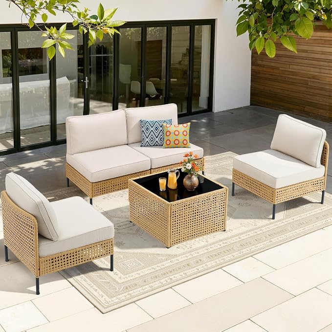 Belord Outdoor Sectional Furniture 5-Piece, All-Weather Wicker Patio Sets with Coffee Table, Modern Patio Furniture for Backyard, Deck