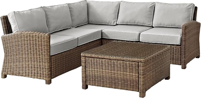 Crosley Furniture Bradenton 4-Piece Outdoor Sectional Sofa Wicker Conversation Patio Furniture Set for Deck, Brown with Gray Cushions