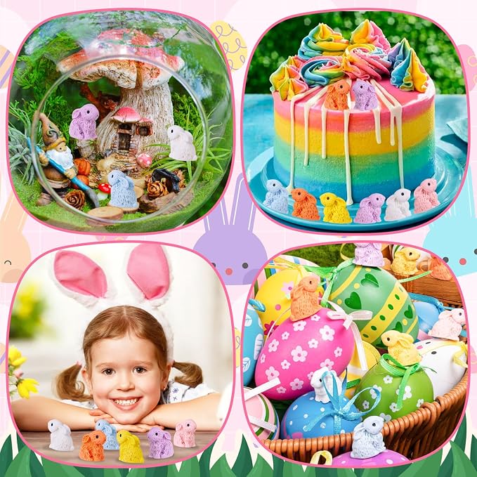 120PCS Miniature Resin Rabbit Easter Bunny Figurines for Easter Egg Fillers | 6 Colors Cute Tiny Bunnies Rabbits Animals, Fairy Garden Dollhouse Cake Home Decor Hidden Game