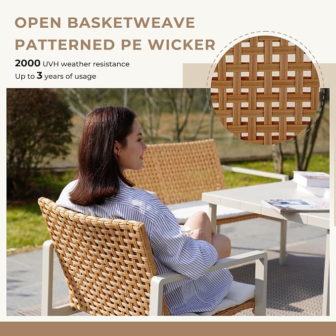Grand patio 5-piece Outdoor Dining Set, Wicker Patio Dining Table Set for 6 with Seat Cushion, Modern Metal Outdoor Furniture Loveseat Chairs Bench Set for Backyard Garden Deck