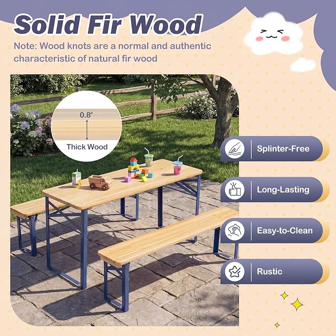 Costzon Kids Picnic Table, 43.5 Inch Folding Picnic Table with 2 Benches, Fir Wood Top & Metal Frame, No Assembly 3-Piece Portable Kids Indoor/Outdoor Furniture for Patio Backyard Daycare (Navy Blue)