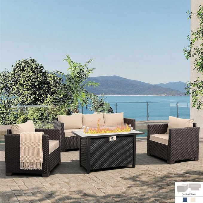 Rattan Star Outdoor Furniture Sets Patio Couch Outdoor Chairs 50000 BTU Propane Fire Pit 4 Pcs Patio Furniture Set 45In Fire Pit Table with No-Slip Cushions and Waterproof Covers, Khaki