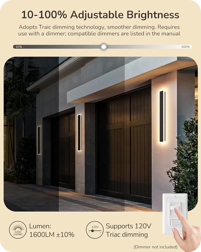 EDISHINE Outdoor Wall Light, Upgraded 2 Pack 39.4" LED Linear Modern Sconce | Adjustable Brightness & Color Temperature, IP65 Waterproof, Memory Function, Long Exterior Lighting Fixture for Garage