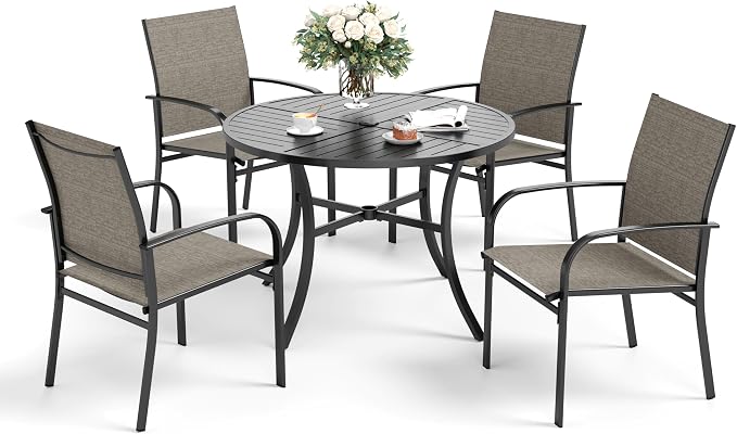 5pc Patio Dining Set for 4, Outdoor 42" Round Metal Table & 4 Brown Chairs | 4 textilene chairs + steel table. Waterproof, stain-resistant & wipe-clean. Ideal for backyard, garden & poolside.
