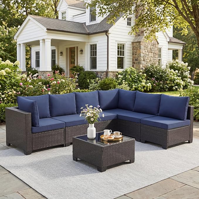 ANJ 7 Piece Outdoor Wicker Patio Furniture Set, Modular Loveseat Sofa with with Glass Top Coffee Table, All-Weather Rattan Conversation Couch Set for Balcony, Backyard, Dark Brown Wicker-Blue