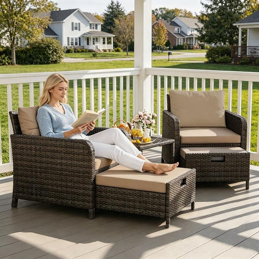 5 Piece PE Wicker Patio Furniture Set, Outdoor Conversation Chairs with Pull Out Hidden Ottoman, Soft Cushions & Glass Coffee Table, Wicker Bistro Set for Porch, Garden, Balcony, Poolside (Brown)