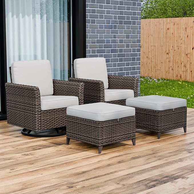 COOS BAY Harbor Retreat 4 Piece Outdoor Furniture Set, Patio Conversation Set with Swivel Rocking Chairs and Ottomans, Wicker Furniture, Brown/Beige