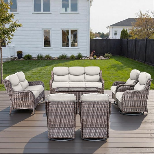 Outdoor Swivel Rocker Patio Chairs Set of 7 with 5" Thick Cushions ,7 Piece Furniture Set with Fire Pit Table All Weather Wicker Conversation Set for Porch Deck - Brown Wicker | Beige Cushions