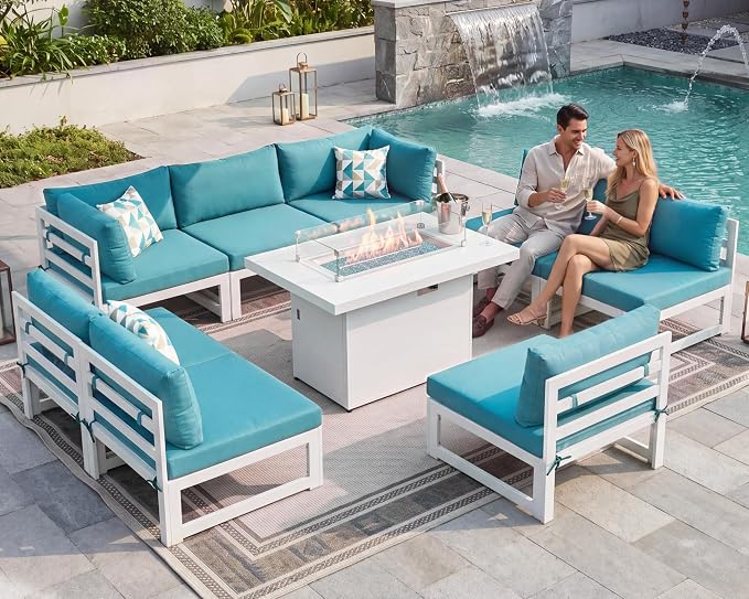 NICESOUL 9 Piece L-Shaped Contemporary Aluminum Outdoor Furniture Set with Firepit, 29" Deep Wide Large Couch Set, 500 lbs High Weight Capacity Modular Patio Sectional Sofa for Garden Terrace, Teal