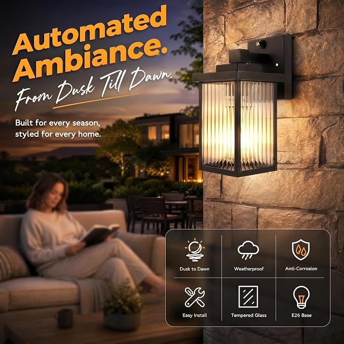 Black Dusk to Dawn Wall Mount Porch Lights, Exterior Light Fixtures | Auto On and Off, Anti-Rust Metal Frame, Tempered Glass, E26 Socket, Easy DIY Install on Porch, Garage