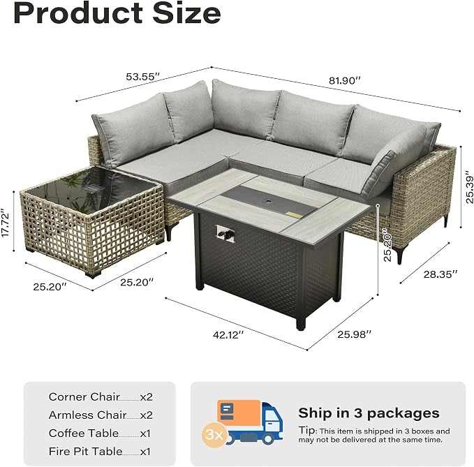 6 Pieces Patio Furniture Set with 42" Fire Pit, All-Weather Rattan Outdoor Sectional Conversation Sets L Shaped Sofas with Solar Light Coffee Table for Porch Balcony Backyard Dark Grey