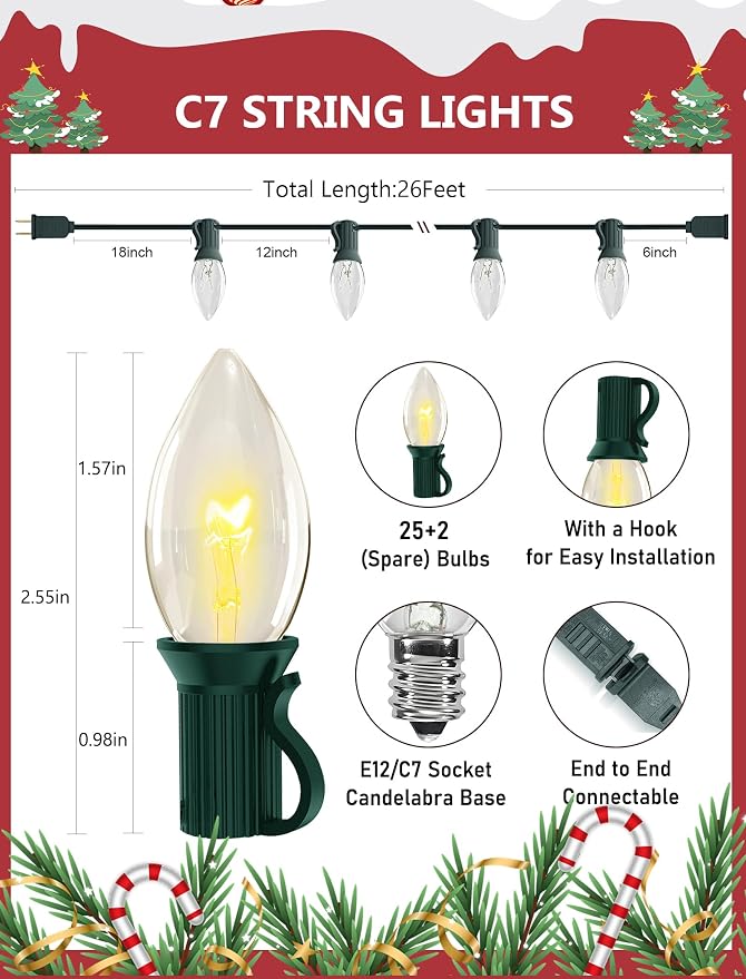 C7 Clear Christmas String Lights, 26Ft Vintage Christmas Decoration with 27 5W Clear Glass Incandescent Bulbs, Hanging Outdoor String Lights for Holiday Party Patio Roofline Wedding Xmas Decor