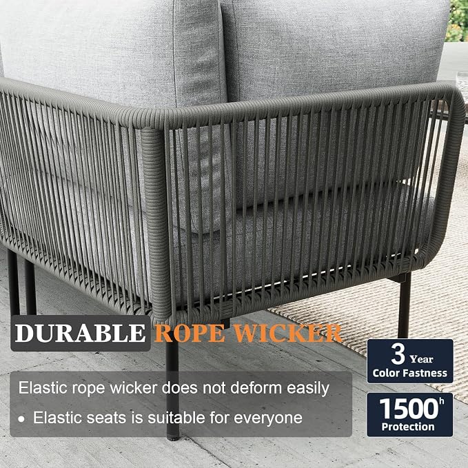 7 Piece Modern Outdoor Rope Wicker Sectional Patio L-Shaped Conversation Sofa Set Deep Seating with Thick Cushions