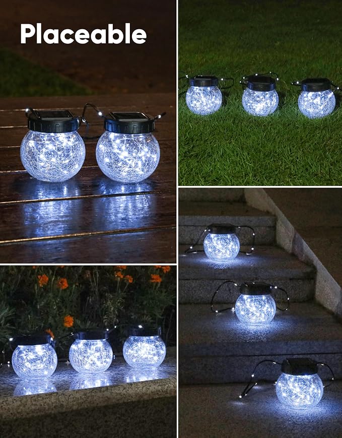 Solar Lights Outdoor Waterproof 12-Pack, Solar Powered Hanging Lantern Cracked Glass Hanging Globes for Yard Decor Christmas Decoration, Shepherd Hook, Garden Tree Ornaments, Cold White