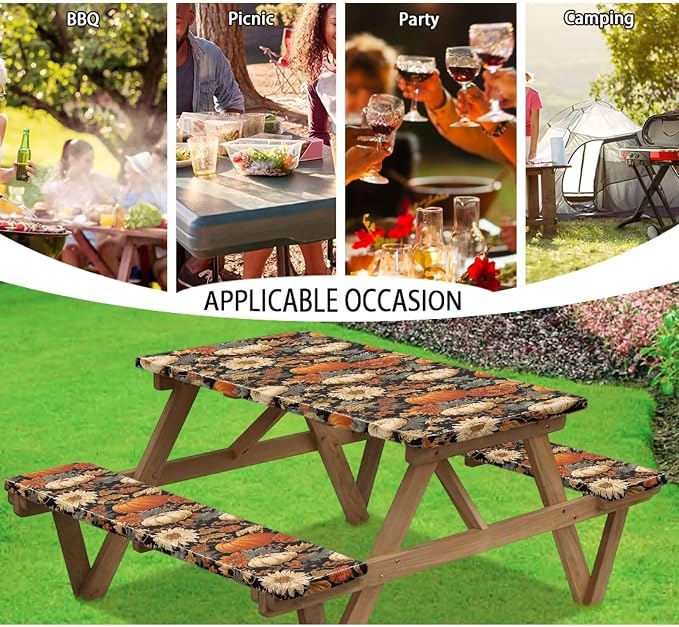 Pumpkin Picnic Table Cover with Bench Covers, Fall Harvest Fitted Table Cover, Outdoor Patio Camping Essentials 3PCS Waterproof Camping Fitted Tablecloth for Thanksgiving