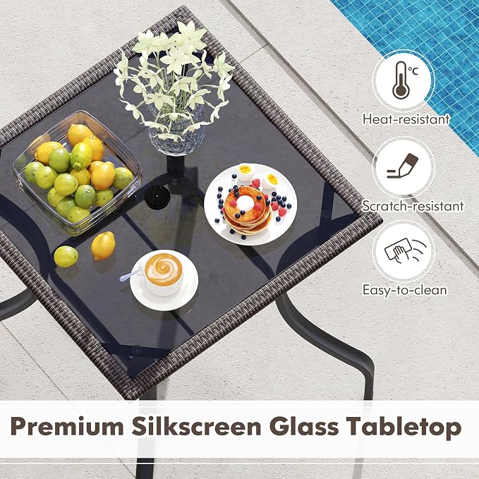 Tangkula Patio Bar Table with Umbrella Hole, All Weather 37 Inches Height Heavy Duty Outdoor Square Glass Top Table, for Garden Balcony Poolside and Lawn, Mix Brown