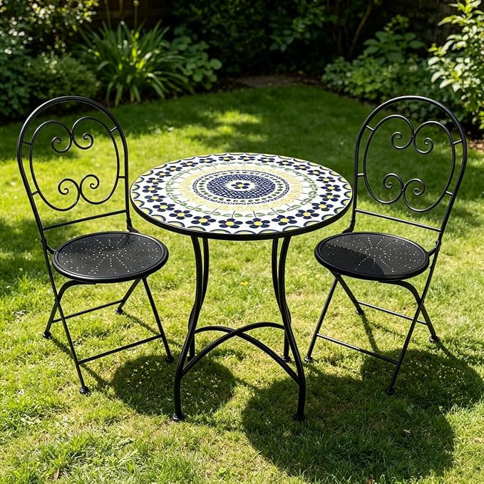 3 Piece Bistro Sets Mosaic Tile Round Table Folding Chairs Garden | Set of 3 Patio Furniture 23.6" Table and 2 Chairs Outdoor Bistro Chairs Artistic Table for Balcony Porch Apartment Backyard