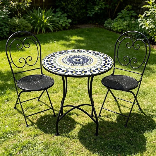 3 Piece Bistro Sets Mosaic Tile Round Table Folding Chairs Garden | Set of 3 Patio Furniture 23.6" Table and 2 Chairs Outdoor Bistro Chairs Artistic Table for Balcony Porch Apartment Backyard