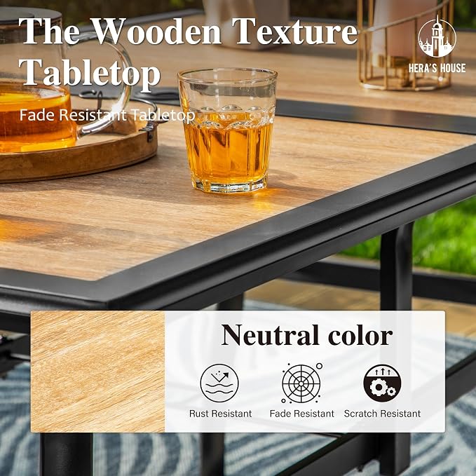 HERA'S HOUSE 7pc Patio Dining Set, Metal Table with PVC Top, Brown Chairs | 60" rectangular table with umbrella hole, 6 textilene chairs. Waterproof, rust-resistant, all-weather for yard, porch