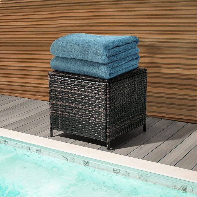 20.8in Outdoor PE Wicker Side Table,Square Patio Rattan End Table,Outside Storage Bin Container,All-Weather Small Storage Box Tables,with Lid,for Garden Porch Poolside Deck Backyard (Brown)