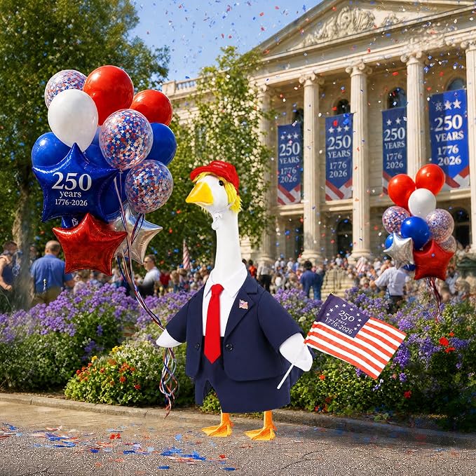 Porch Goose Outfit with Wig Hat for 23 Inch Goose Statue,Outdoor Yard Decor | USA Flag 250th Anniversary Design, Patriotic Porch Goose Clothes with Hat Wig Pin, Outdoor Yard Lawn Patio Holiday Decor