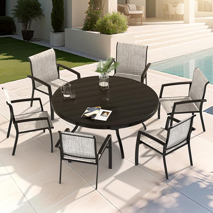LUMISOL 7-Piece Outdoor Patio Dining Set, Patio Furniture Set with 4 Patio Stackable Dining Chairs and 40.6” Outdoor Metal Round Table, Black+Grey