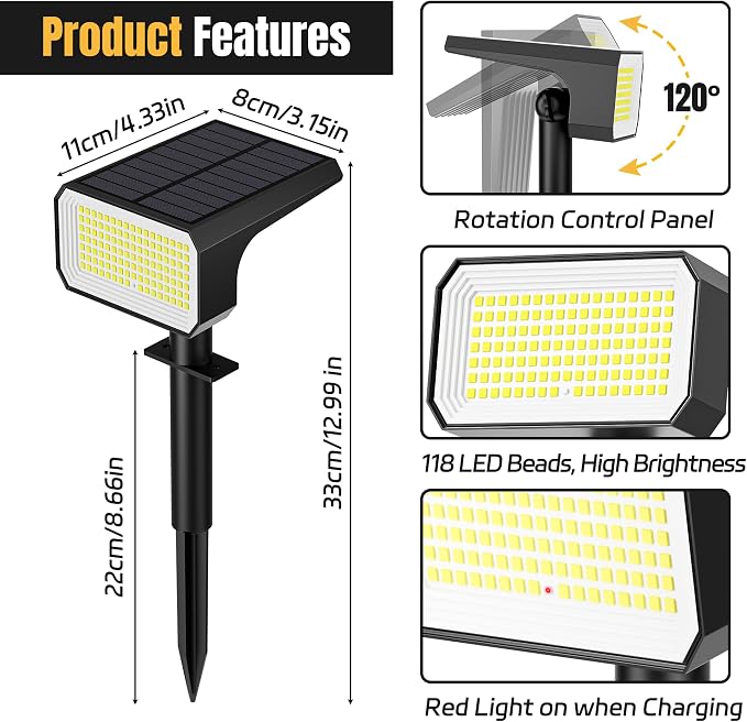Solar Spot Lights Outdoor Waterproof, 4 Pack, 118 LED Cool White | IP67, 4 Modes Auto On/Off, for Yard Garden Pathway Walkway Tree Patio Driveway