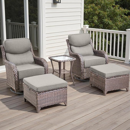 Rilyson Wicker Outdoor Patio Furniture Set - 5 Piece Patio Conversation Sets with Swivel Rocker Chairs, Ottomans and Side Table, 6 inch Cushions, Waterproof Wicker, for Porch Deck Brown/Beige
