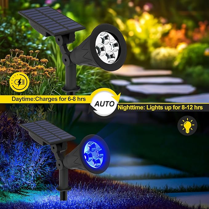 T-SUN Blue Solar Spot Lights Outdoor Waterproof, Solar Spotlights, 2 Pack | 4 LEDs, 2 Lighting Modes, IP65 Waterproof Dusk to Dawn Solar Lights for Tree, Patio, Yard, Garden, Driveway, Halloween