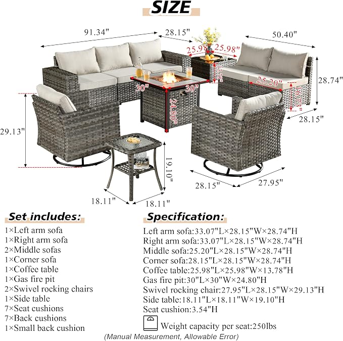 HOOOWOOO Outdoor Patio Sectional Furniture Sofa Set with Fire Pit Table,10 Piece Modern Wicker Couch with Swivel Chairs,Modular Conversation Seating Set with Widened Armrest for Garden(Beige Tan)