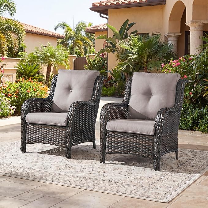 Rilyson Outdoor Wicker Patio Chairs Set of 2: Rattan Dining Chairs Porch Chairs Outdoor Club Chairs with high Back and Deep Seating (Brown/Beige)