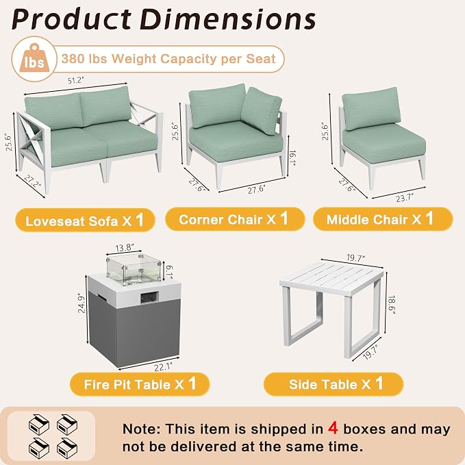 Aluminum Patio Sectional Set with Fire Pit Table – 4-Seat Outdoor Conversation Sofa Set with Corner Seat & 37,000 BTU Gas Firepit, Glass Wind Guard, Weather-Resistant – White