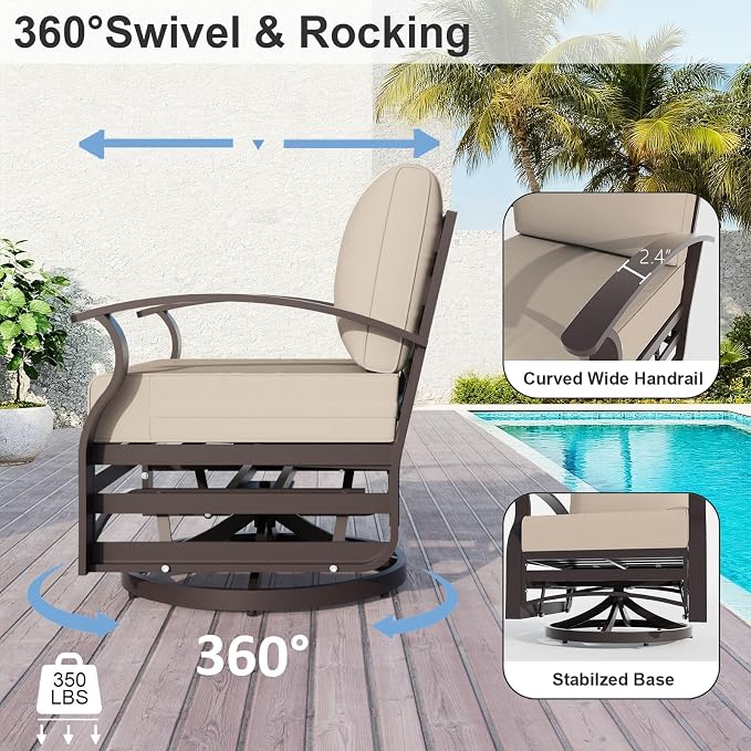 ALAULM Aluminum Patio Furniture Set with 2 Swivel Chairs 10-seat Metal Outdoor Furniture Patio Sectional Sofas Patio Conversation Set w/5.1" Cushions for Patio, Backyard, Poolside-Sand