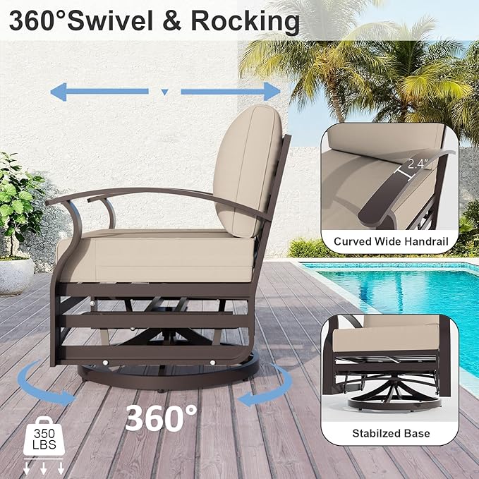 ALAUML Aluminum Outdoor Swivel Chairs High-Back Metal Swivel Rocking Chairs for Patios, Porches, Backyards, and Gardens—Sand