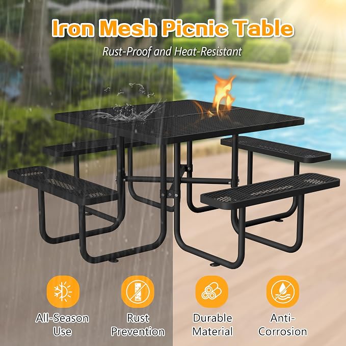 Square Outdoor Metal Coffee Picnic Table for Patio, Backyard, Garden and DIY (Includes 4 Built-in Benches) - Black