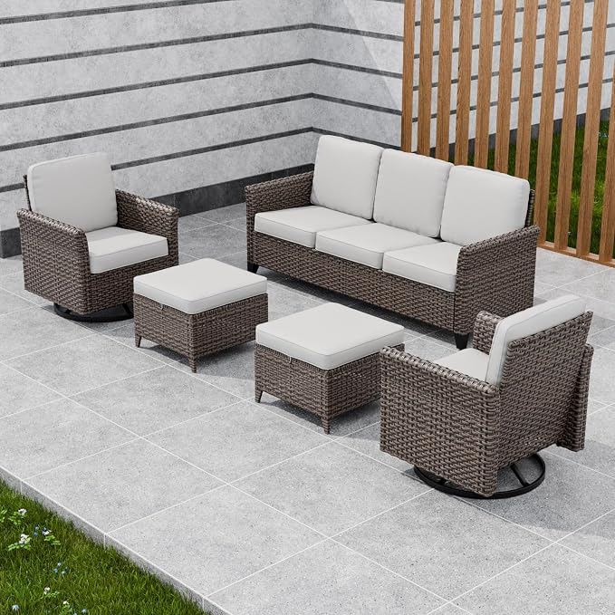 COOS BAY Harbor Retreat 5 Piece Outdoor Furniture Set, Patio Conversation Set with w/Swivel Rocking Chairs, 3 Seat Couch and Ottomans, Wicker Furniture, Brown/Beige