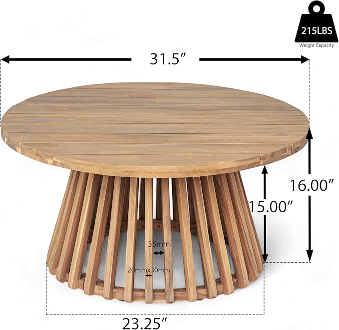 Wood Outdoor Round Coffee Table, Weather-Resistant Patio Table with Striped Base, for Garden, Deck, and Backyard, Light Brown