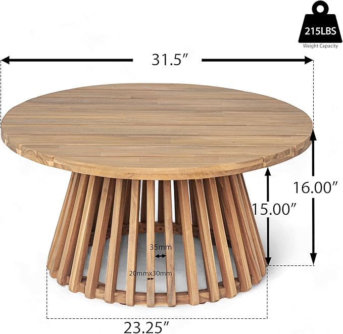 LUMISOL Patio Outdoor Acacia Wood Round Coffee Table, Circle Center Table for Backyard, Lawn, Balcony, Light Teak