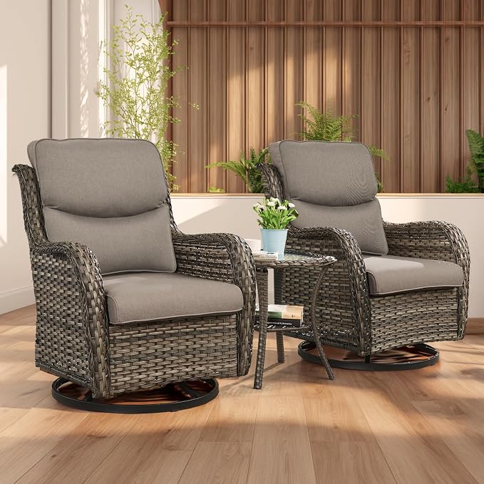 Rilyson Wicker Rocking Chair Swivel Chairs - 2 Piece Rocker Patio Chairs Set Rattan Rocking Chair for Outdoor Porch Deck Garden Backyard (Mixed Grey/Grey/Smile)