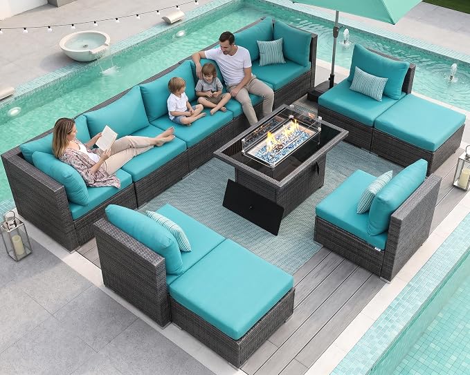 NICESOUL 11 Piece Outdoor Conversation Set, 29.3'' High Back Comfy Wicker Patio Sectionals with Fire Pit Table, Large Size Wide & Deep Seat Sofa Couches, 2 Color Cushion Teal & Gray