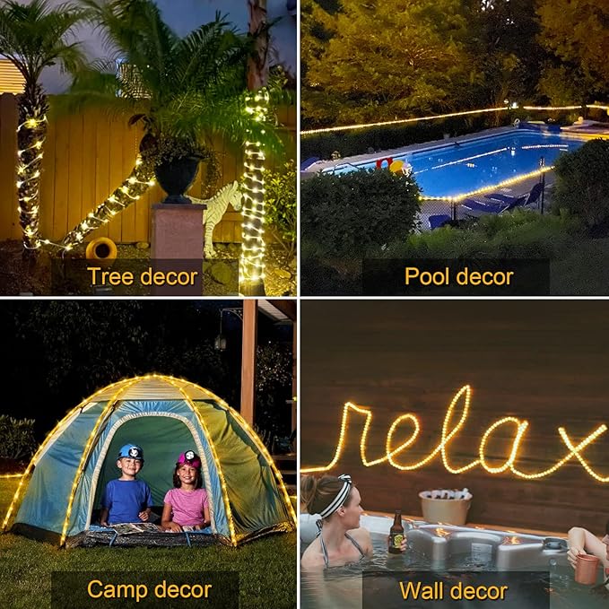 JMEXSUSS 66ft 200 LED Warm White Solar Rope Lights with 8 Modes | Solar Christmas Lights Outdoor Waterproof, Rope Lights for Fence,Gazebo,Yard,Walkway,Path