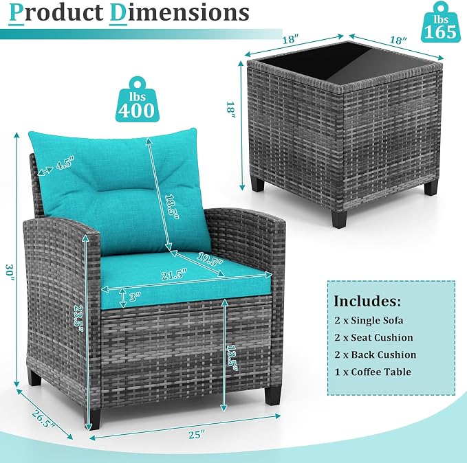 KOTEK 3 Piece Patio Furniture Set, Outdoor PE Rattan Conversation Set with Washable Cushions & Tempered Glass Tabletop, Wicker Chairs and Table Set for Porch, Garden, Balcony (Turquoise)