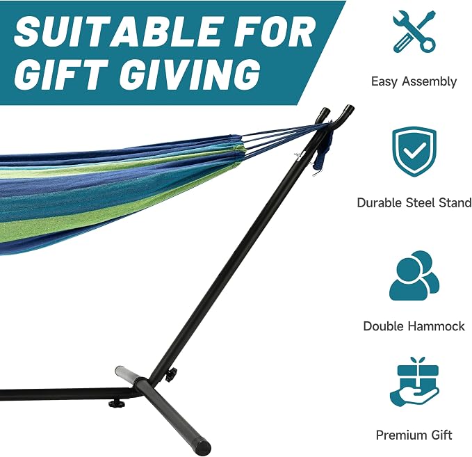 Hammock with Stand for Outside, 450lb Steel Frame, Blue | Steel Frame, Cotton Fabric, 2-Person 450lb, No Tools 10 Min Setup, Backyard Patio Bedroom, Rust-Resistant, Portable